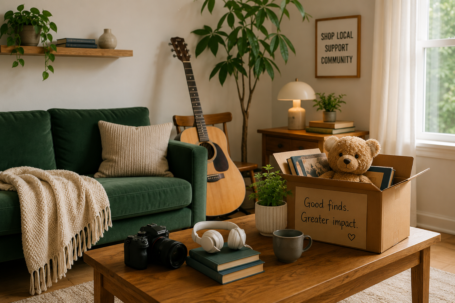 A cozy second-hand living room scene with a green sofa, guitar, camera, headphones, books, plants, and a box of pre-loved items.